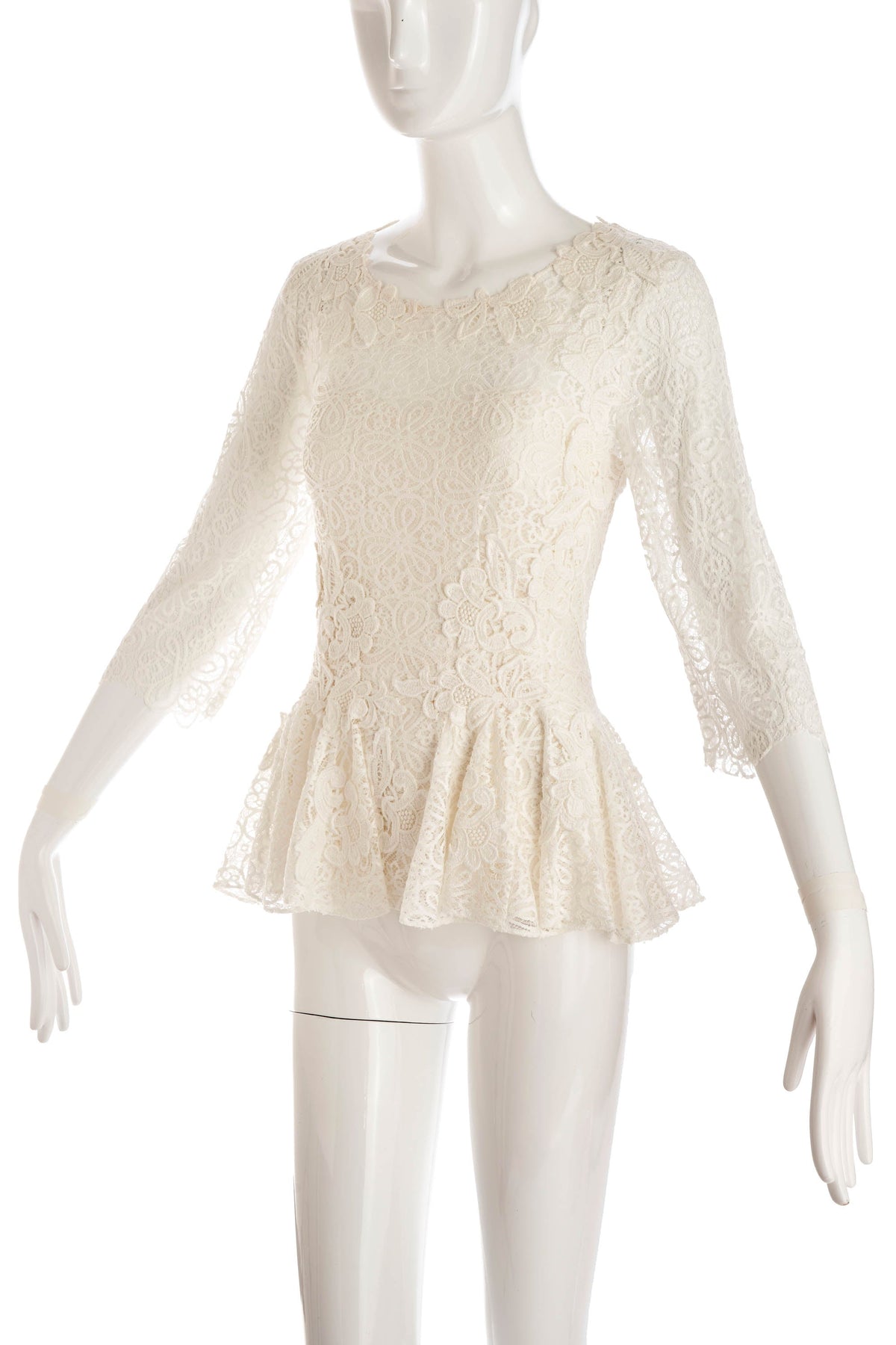 Oscar de la Renta White Lace 3/4 Sleeve Peplum Shirt