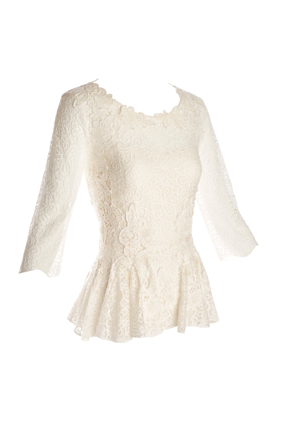 Oscar de la Renta White Lace 3/4 Sleeve Peplum Shirt