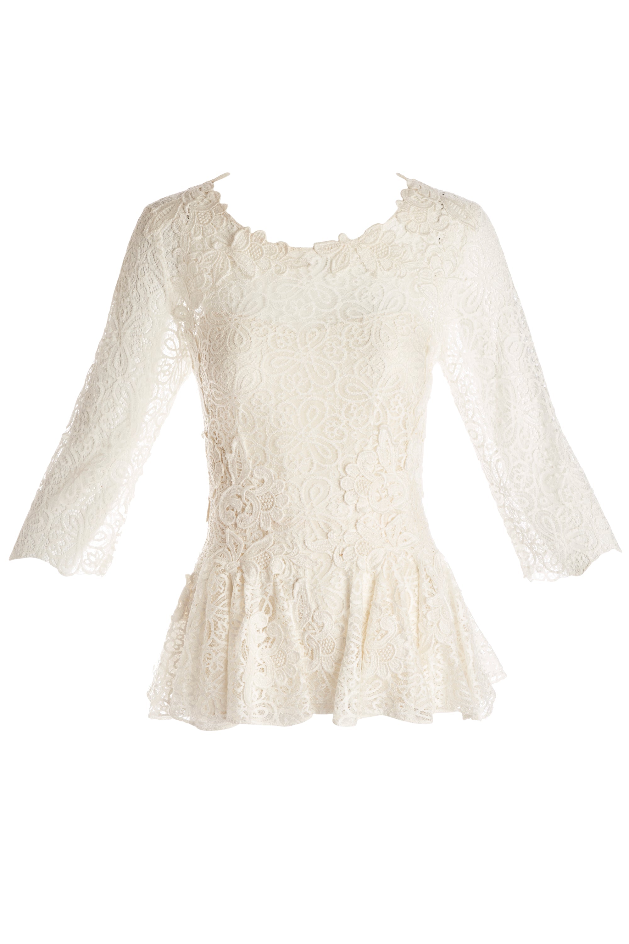 Oscar de la Renta White Lace 3/4 Sleeve Peplum Skirt - Foxy Couture Carmel Oscar de la Renta White Lace 3/4 Sleeve Peplum Skirt - Foxy Couture Carmel