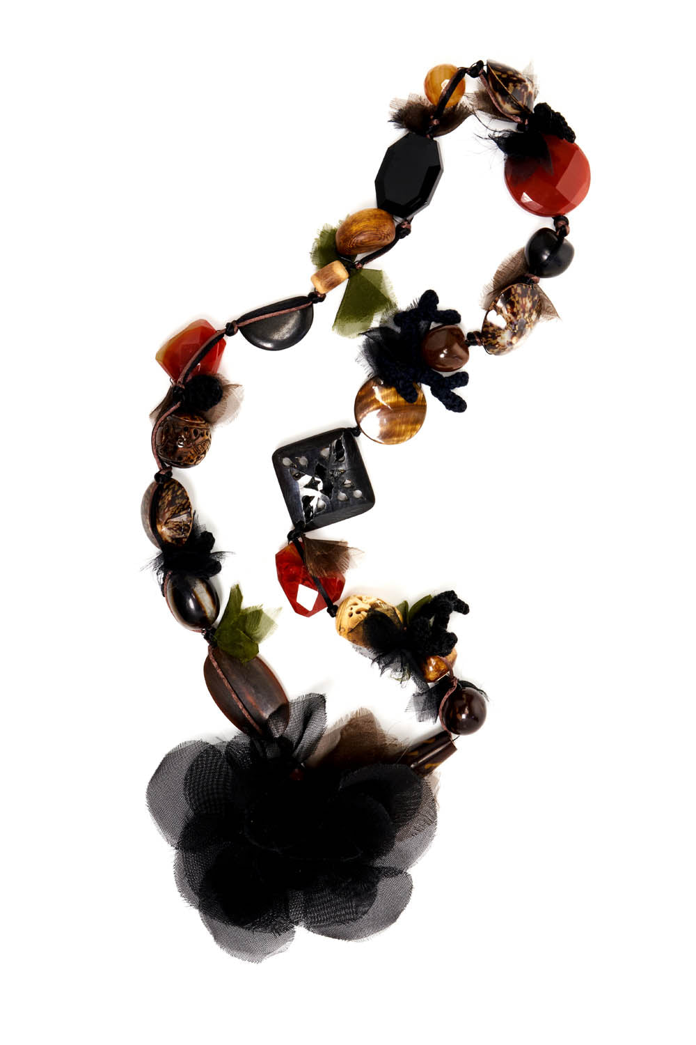 Oscar de la Renta Multi-Color Stone Shell Organza Flower Rope Necklace