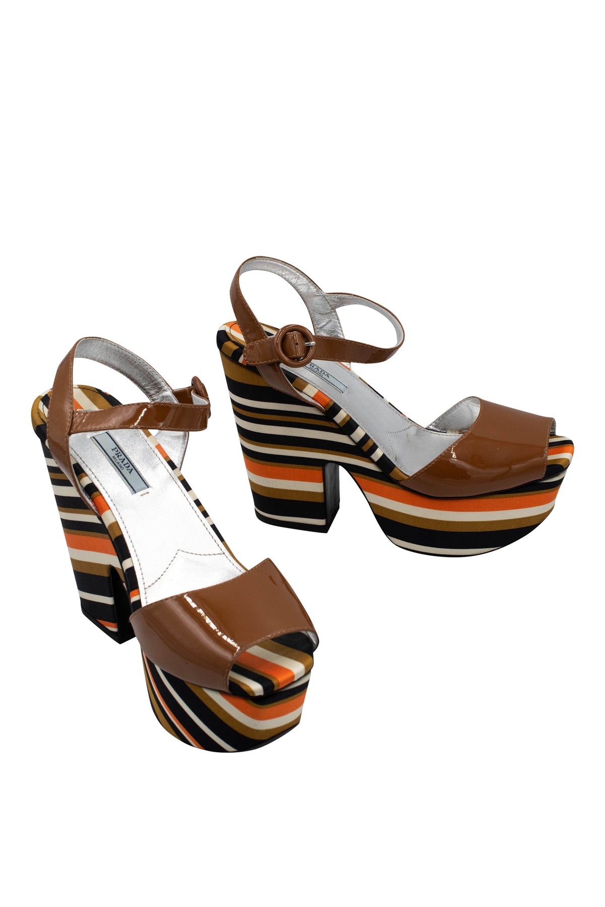 Prada Brown Orange and Cream Stripe Platform Heels Size 40