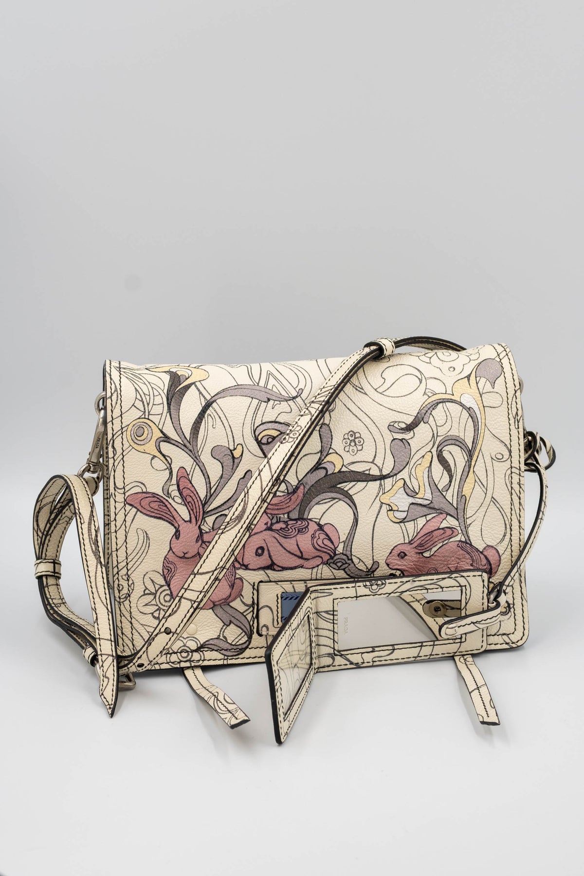 Prada x James Jean Etiquette Bunny Print Cream Purse 2018 Size M
