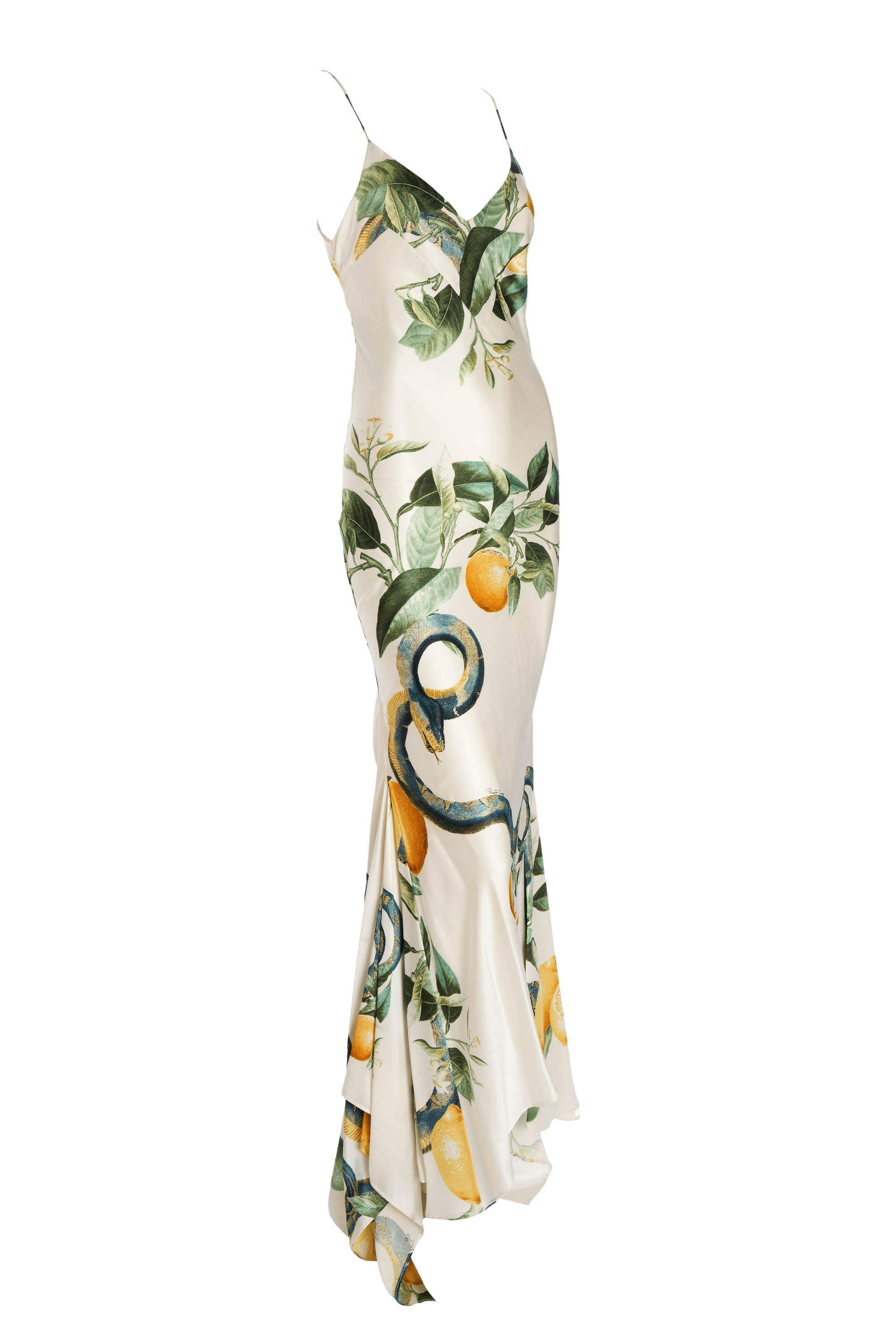 Roberto Cavalli Silk White Lemons & Snake Print Dress