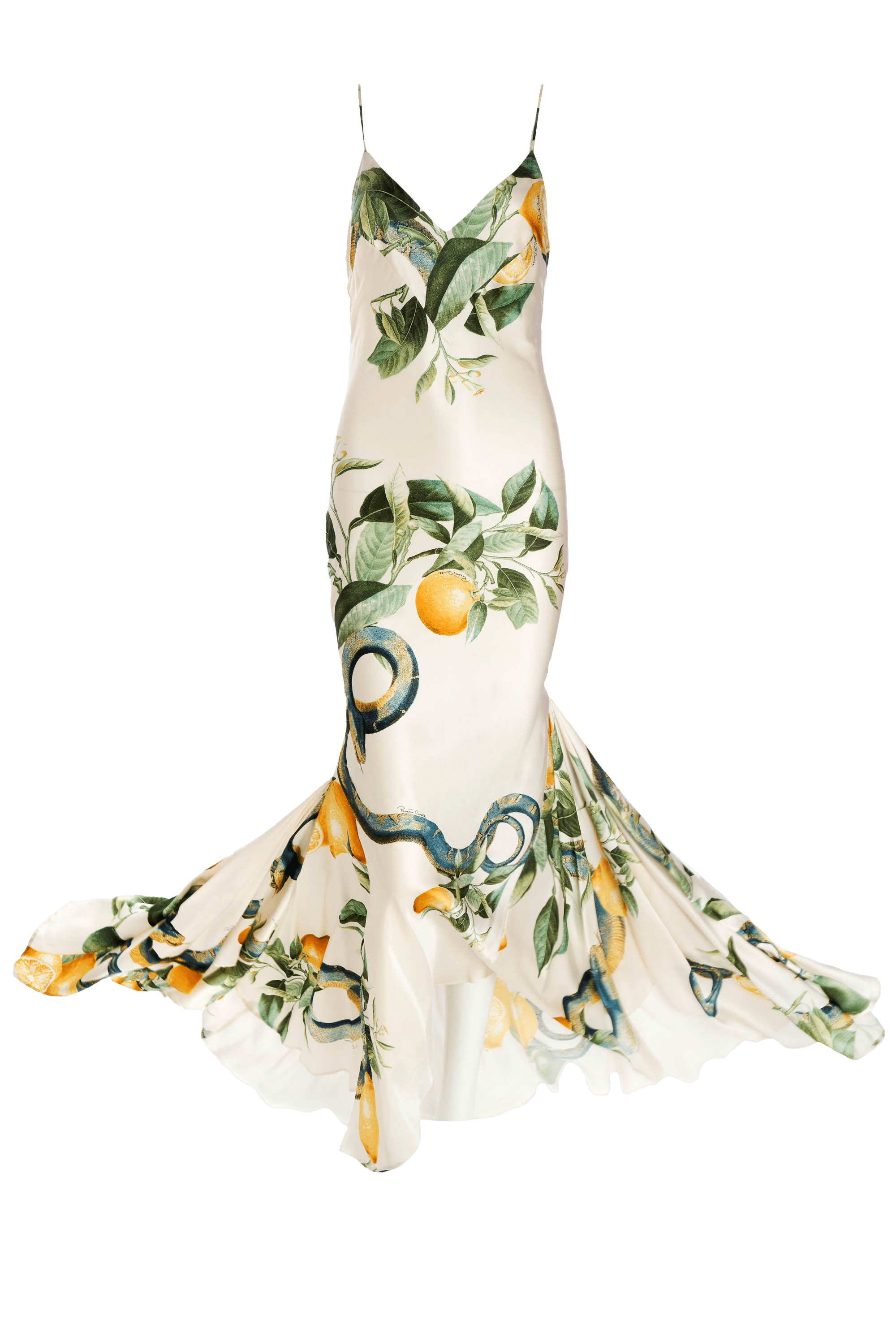 Roberto Cavalli Silk White Lemons & Snake Print Dress