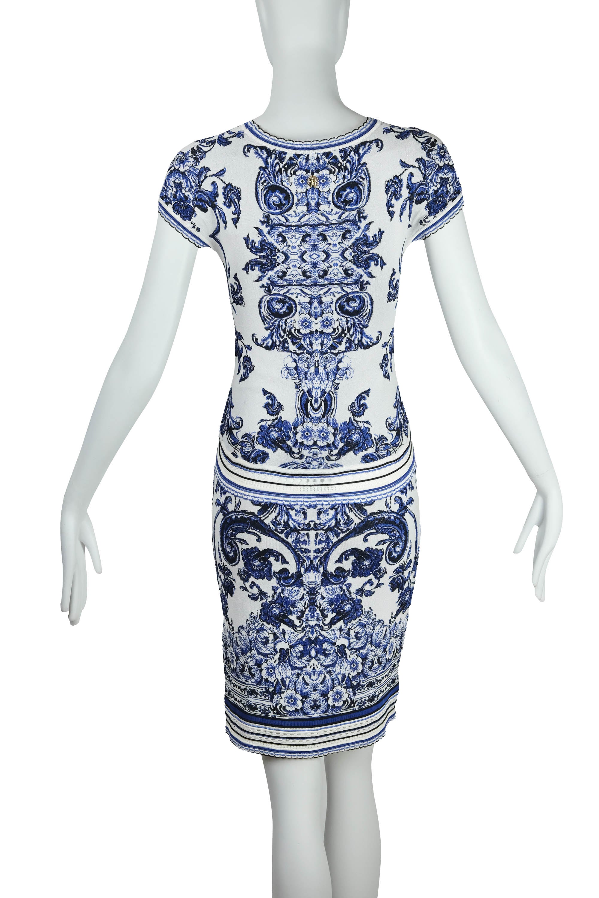 blue china pattern dress Roberto Cavalli and White Fine Print 40/4 China Made of cotton