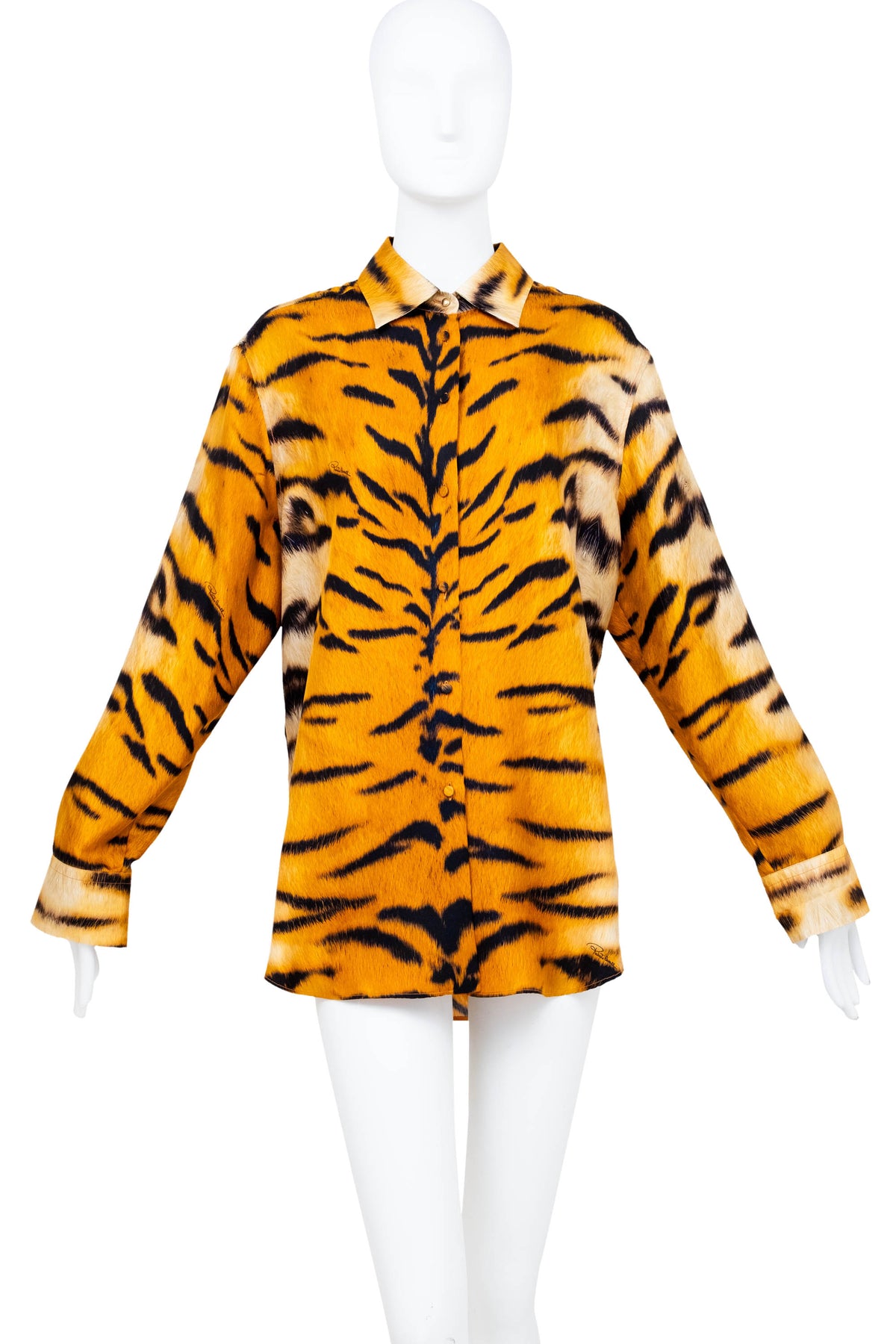 Roberto Cavalli Orange "Savage Tiger" Print Silk LS Blouse Fall 2000 Size L
