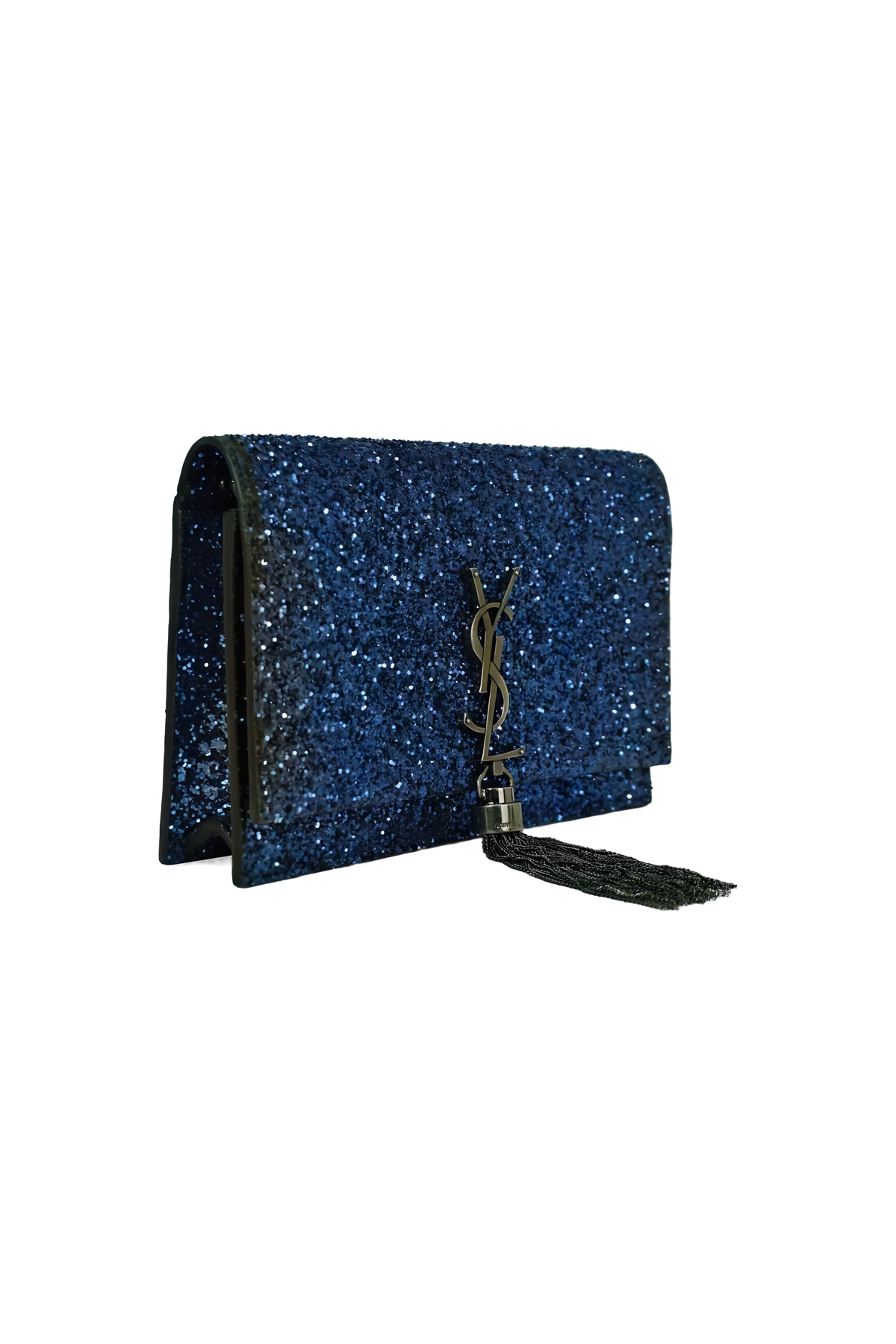 Saint Laurent Sapphire Blue Glitter Kate Wallet on a Chain Purse 2018