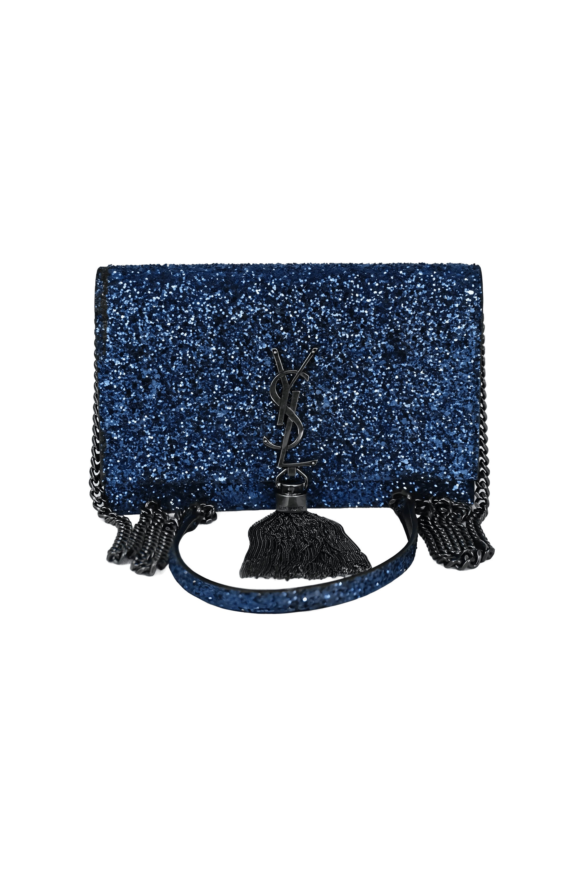 Saint Laurent Sapphire Blue Glitter Kate Wallet on a Chain Purse 2018 - Foxy Couture Carmel