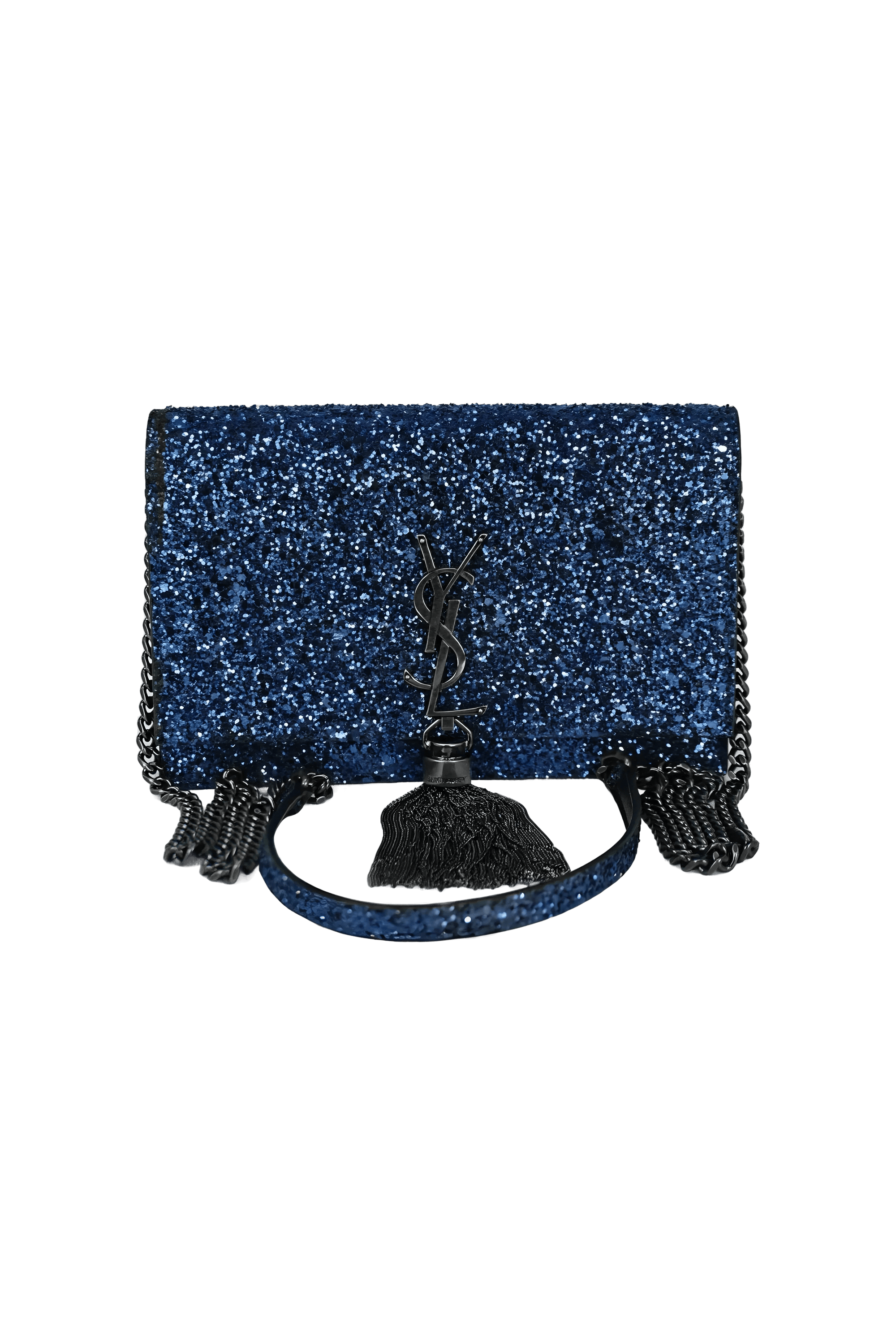 Saint Laurent Sapphire Blue Glitter Kate Wallet on a Chain Purse 2018