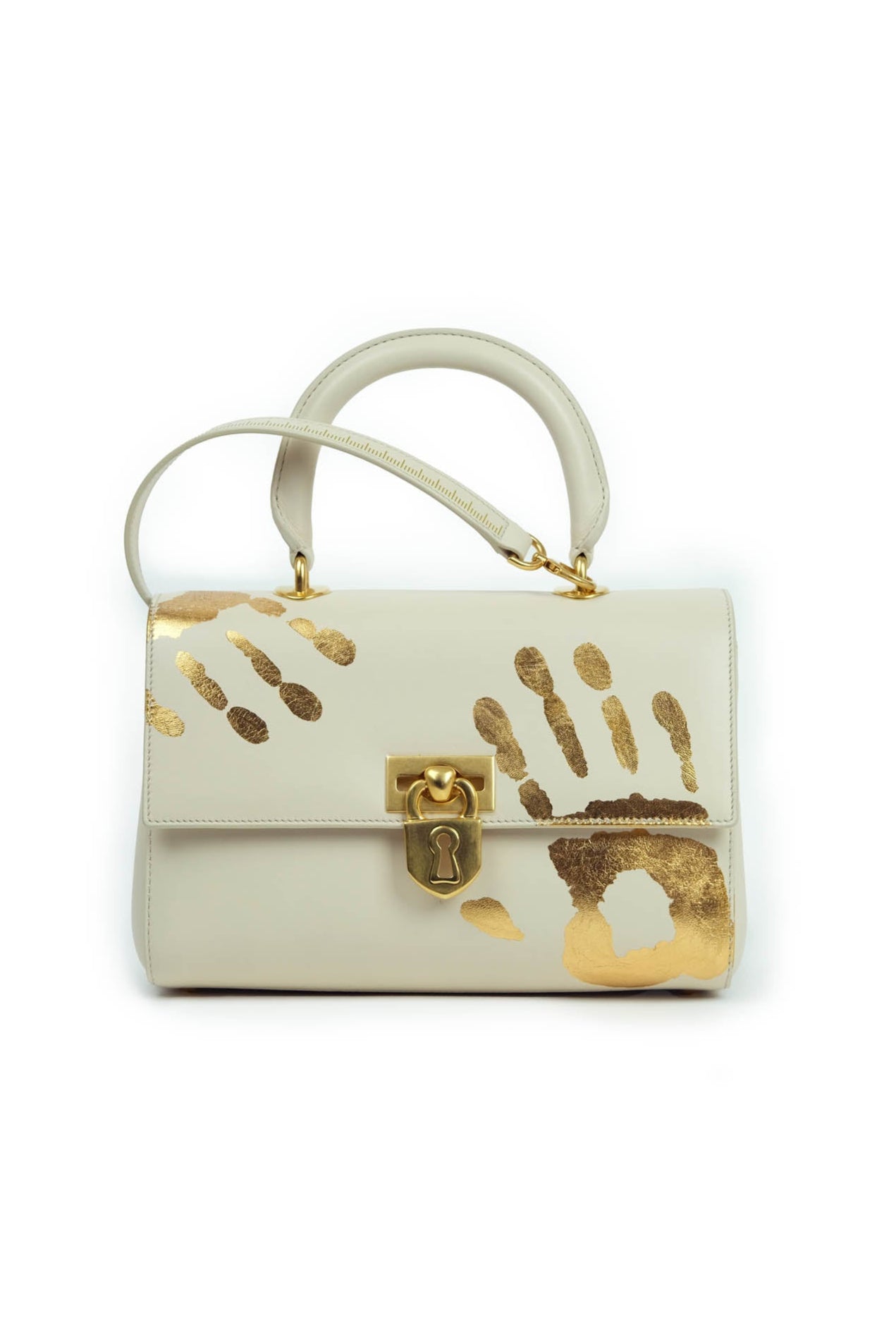 Schiaparelli White Avant Garde Gold Handprint and Measuring Tape Strap Purse