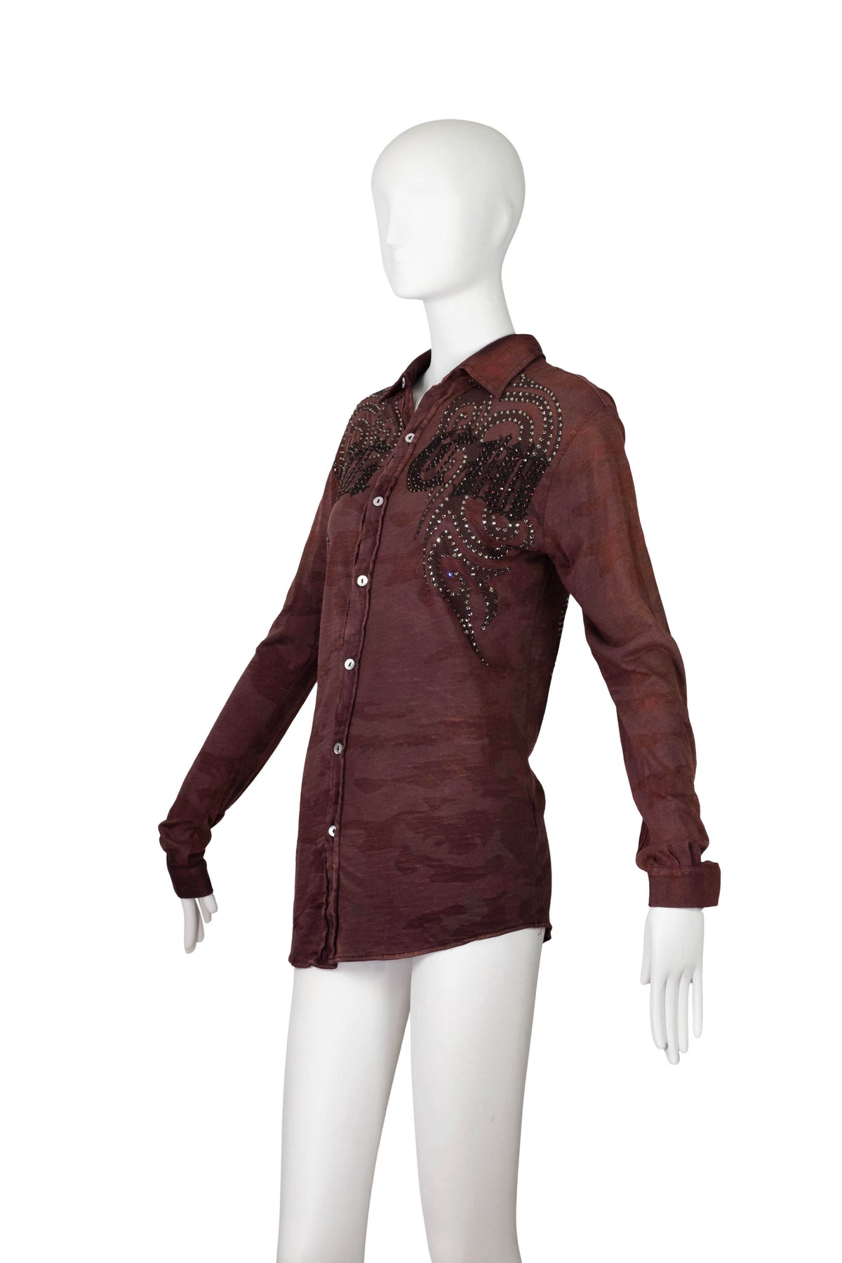 The Great China Wall Burgundy Camo Crystal Embellished Long Sleeve Top Size S/M