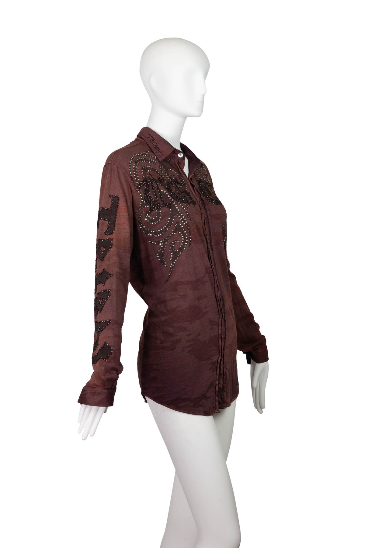The Great China Wall Burgundy Camo Crystal Embellished Long Sleeve Top Size S/M