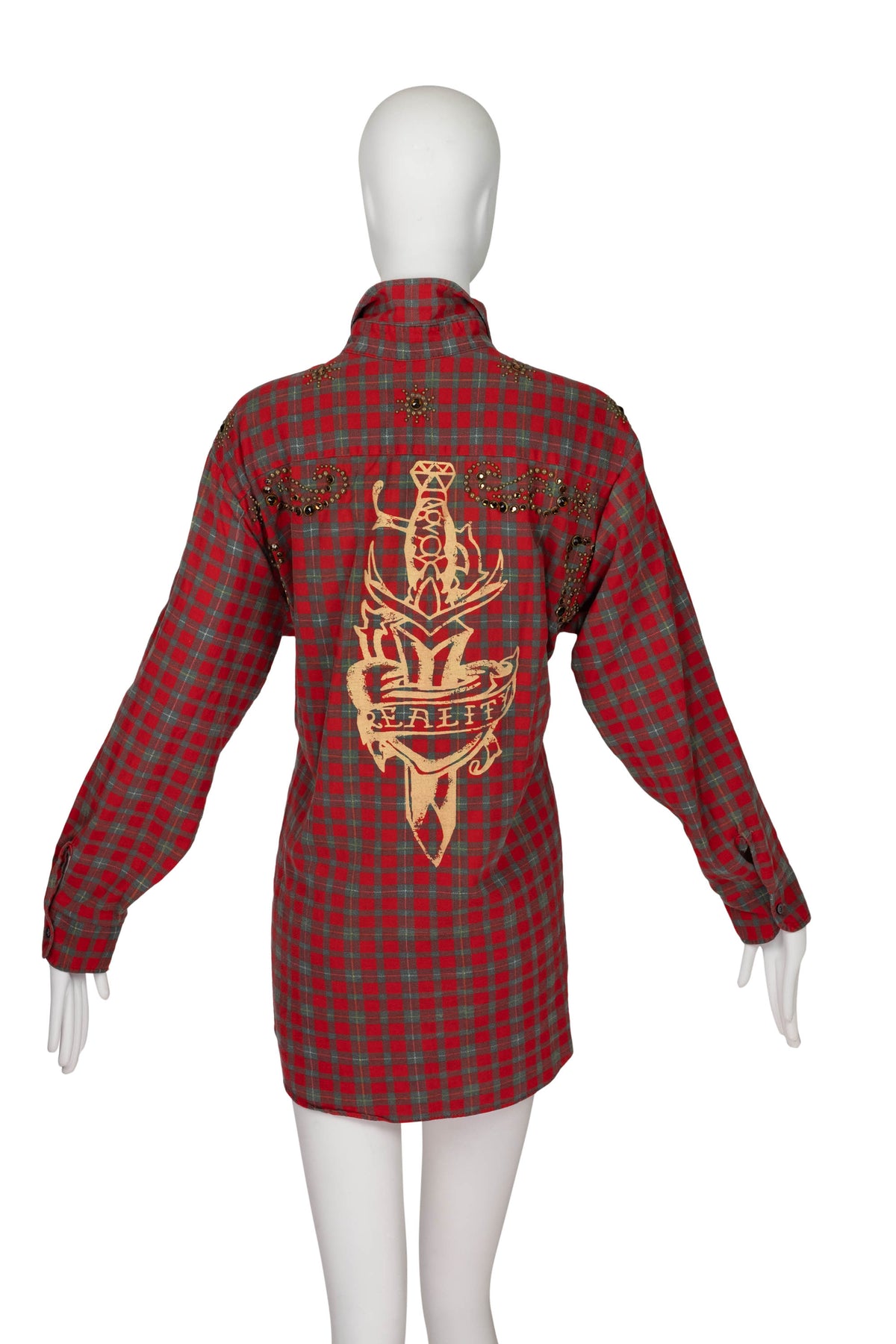The Great China Wall Red and Green Plaid Crystal Embellished Button Up Top