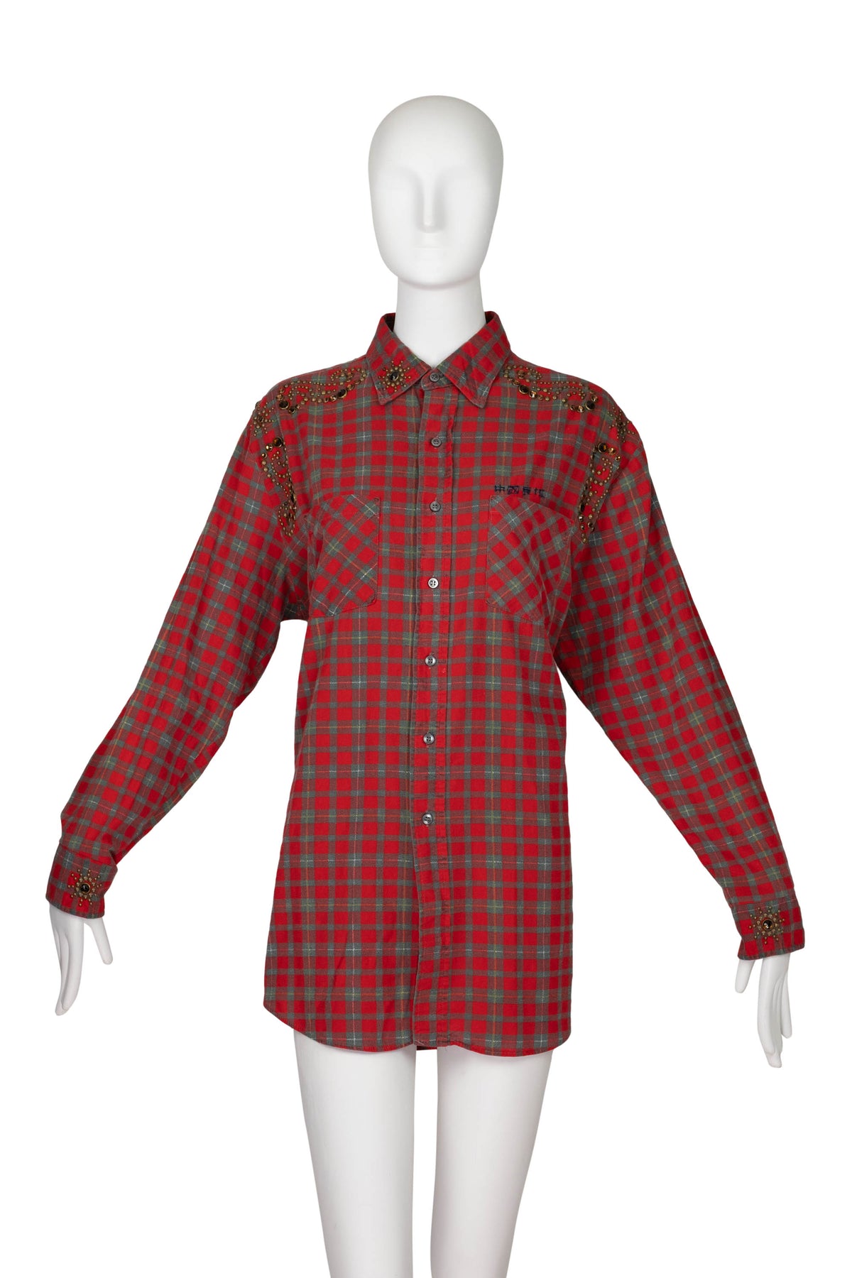 The Great China Wall Red and Green Plaid Crystal Embellished Button Up Top