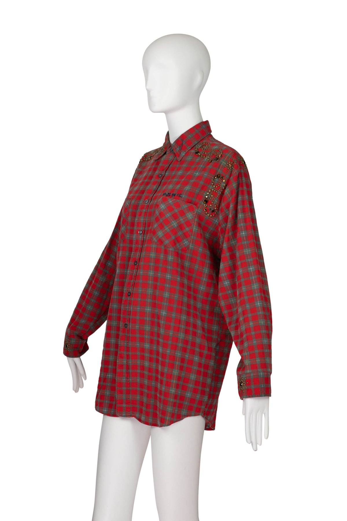 The Great China Wall Red and Green Plaid Crystal Embellished Button Up Top
