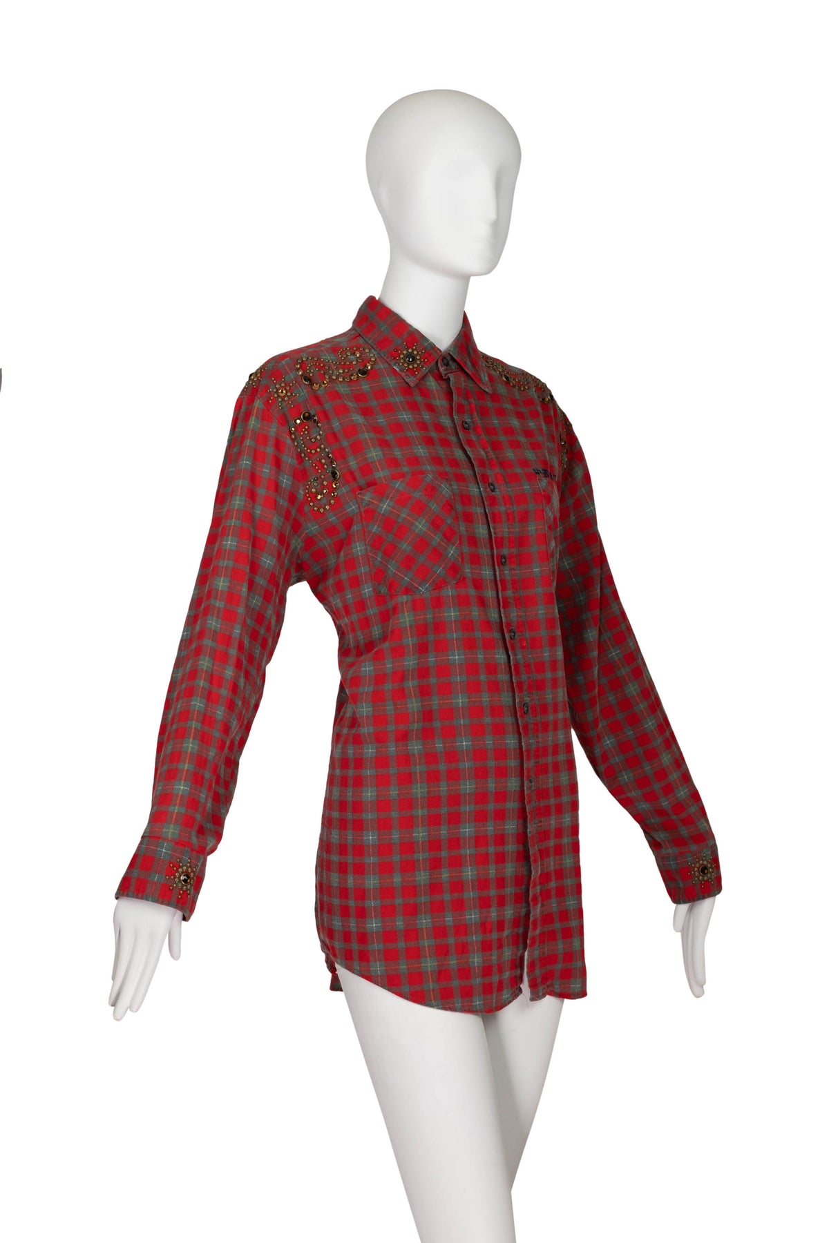 The Great China Wall Red and Green Plaid Crystal Embellished Button Up Top