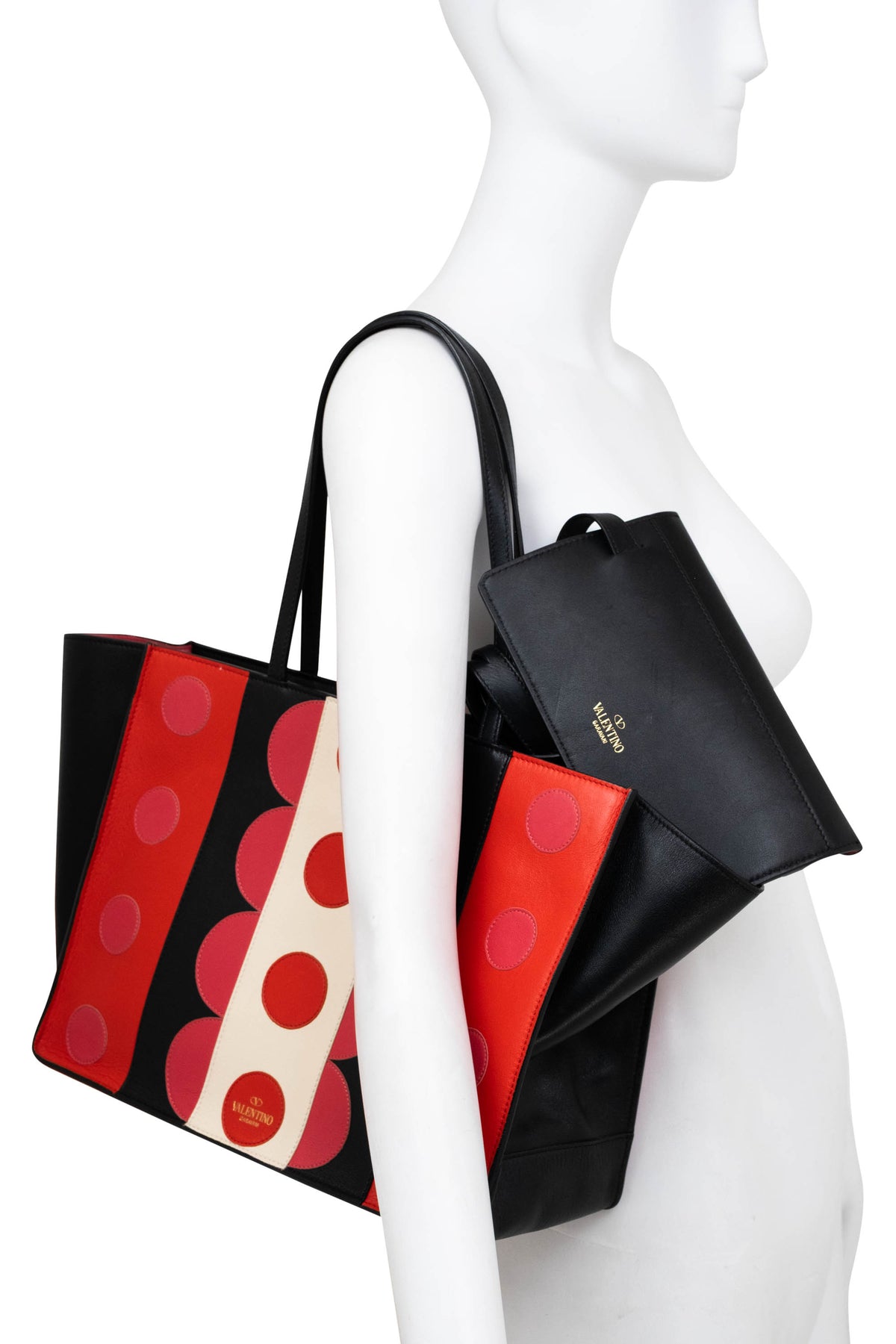 Valentino Pink and Red Black Scallop Edge Tote