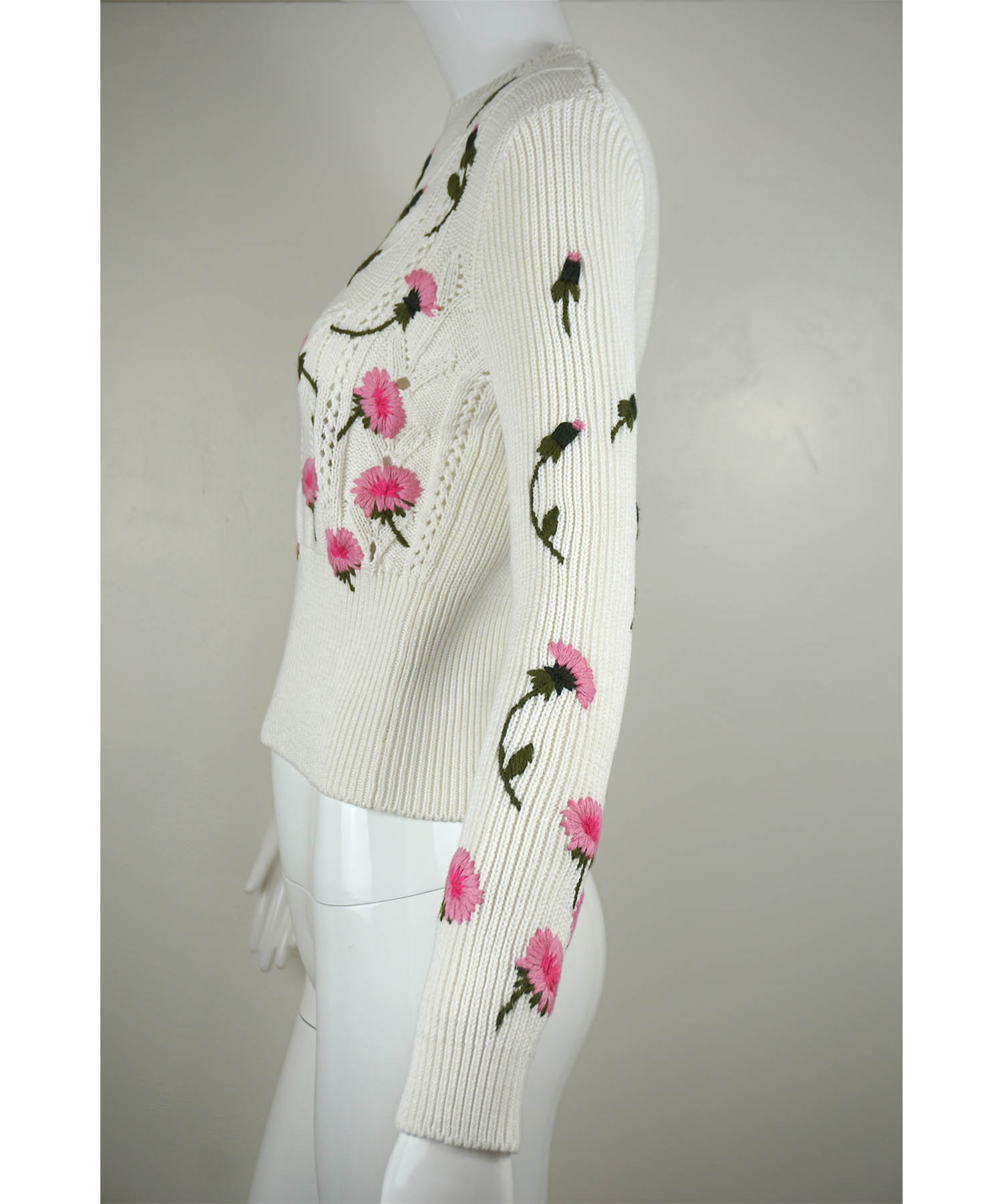 Valentino Rosebud Embroidered Open Weave Sweater