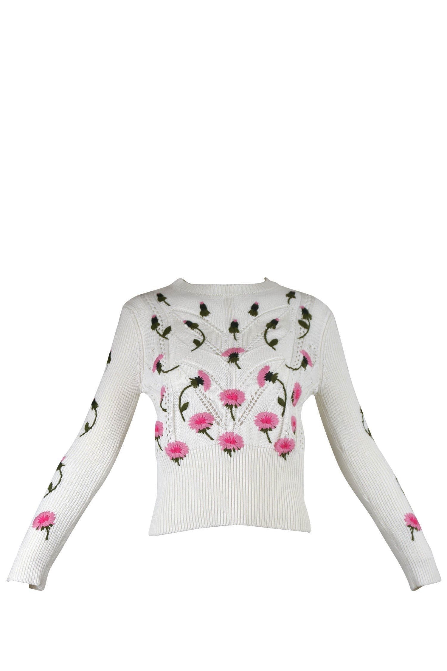 Valentino Rosebud Embroidered Open Weave Sweater