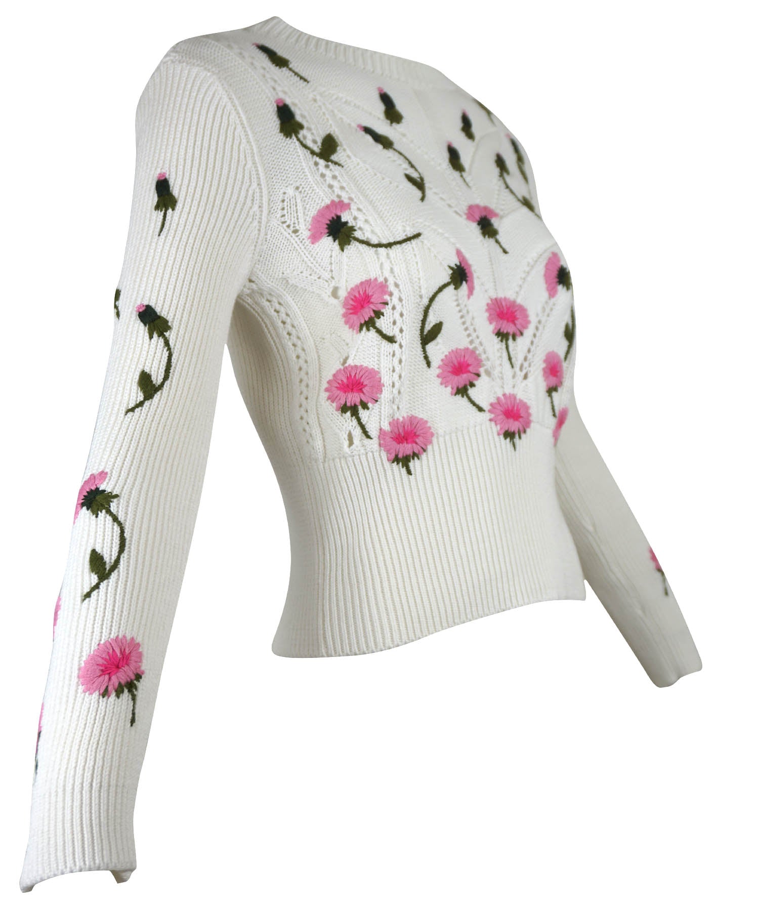 Valentino Rosebud Embroidered Open Weave Sweater - Foxy Couture Carmel