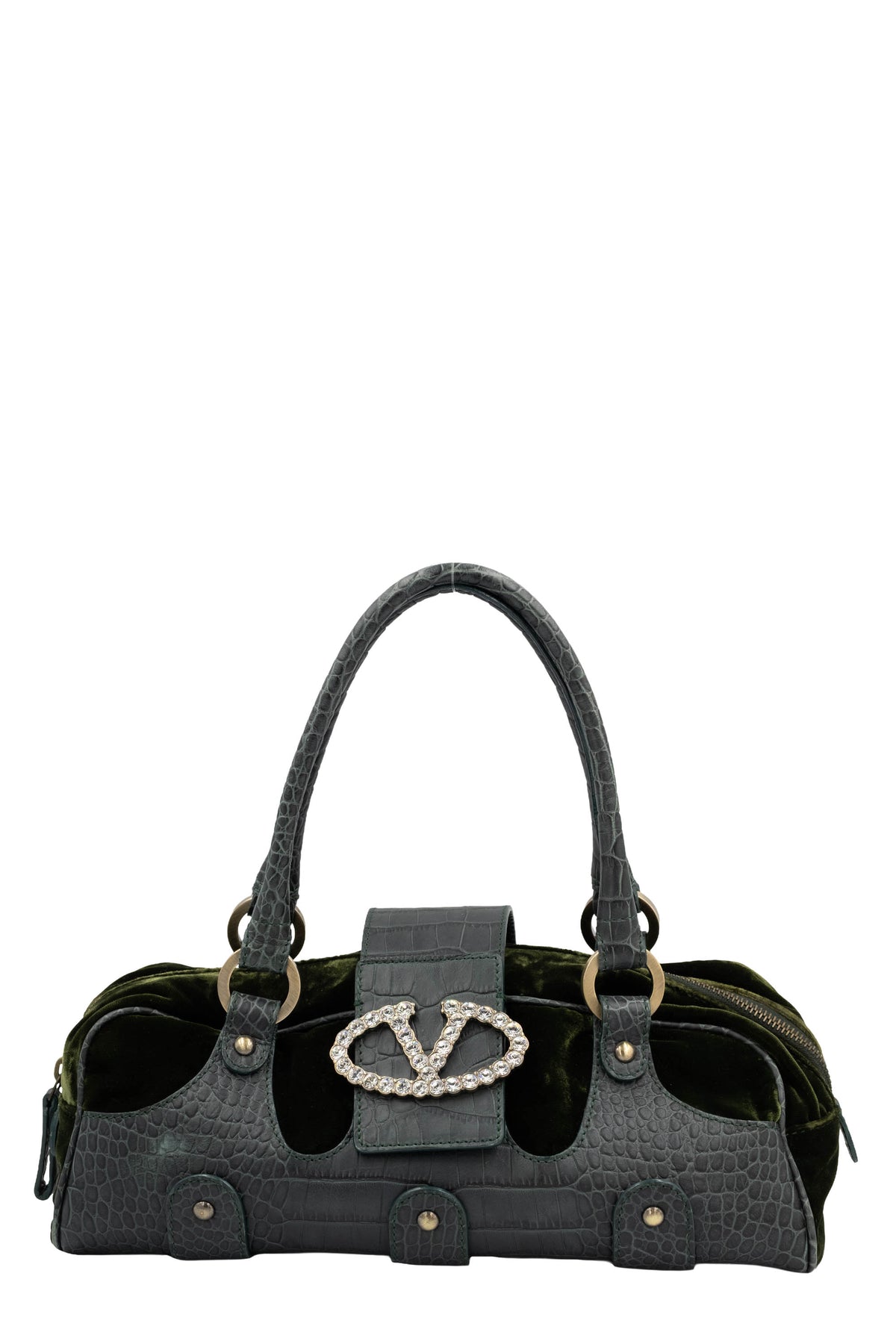 Valentino Green Leather and Velvet Purse Crystal V Logo 2009-10