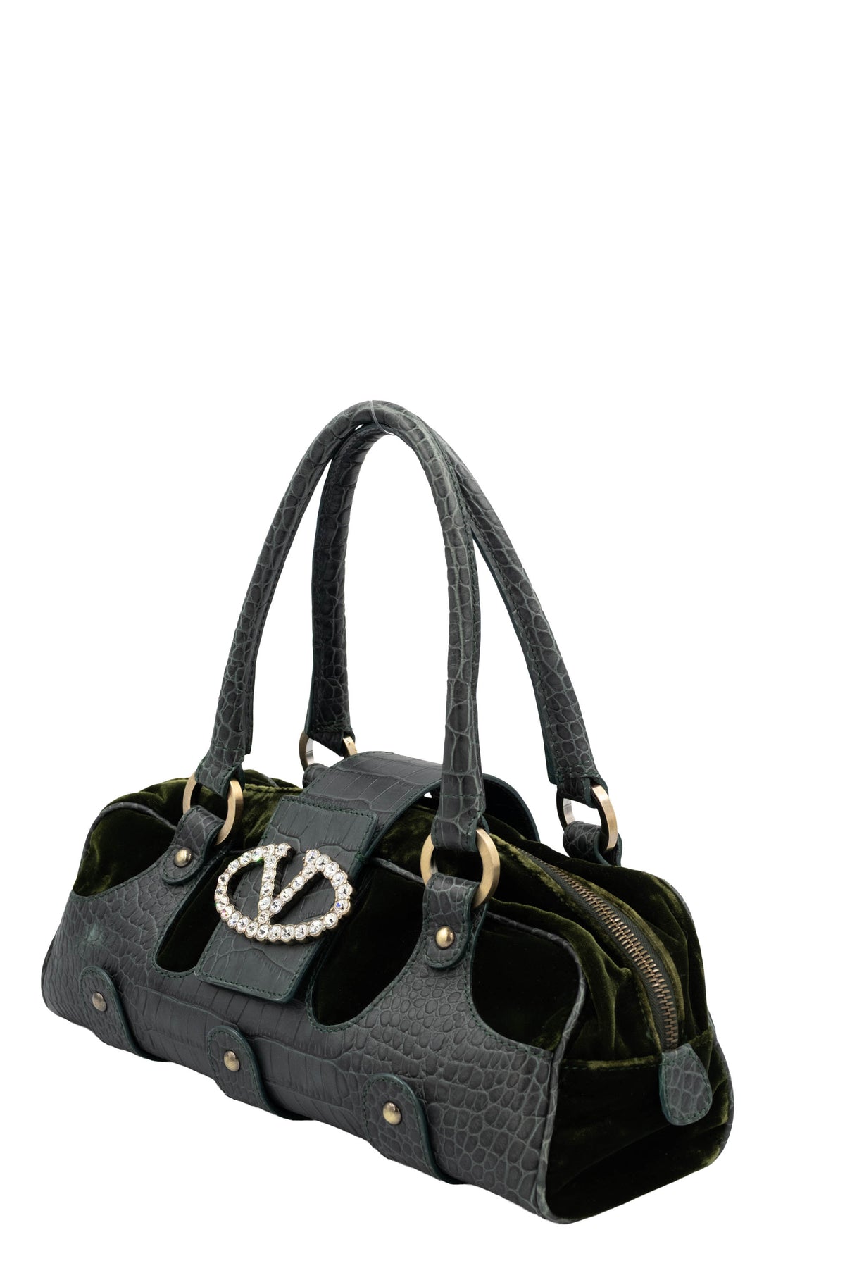 Valentino Green Leather and Velvet Purse Crystal V Logo 2009-10