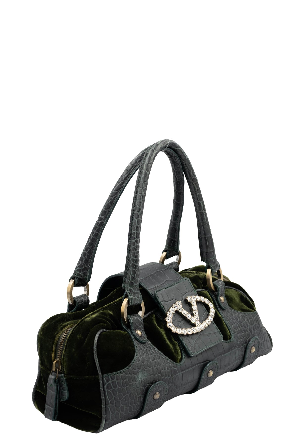 Valentino Green Leather and Velvet Purse Crystal V Logo 2009-10