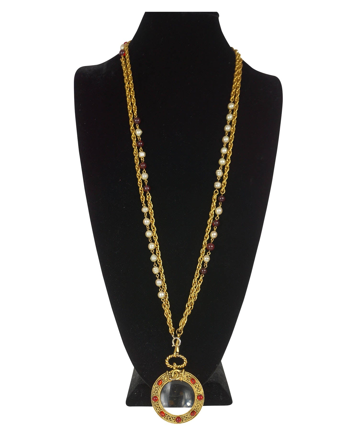 CHANEL, Jewelry, Vintage Chanel 981 Red Clear Bezel Set Crystal Gripoix  Pearl Sautoir Necklace